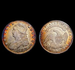 1827 O-115 Square Base 2 Capped Bust Half Dollar PCGS XF40 Rainbow Toned Coin PQ