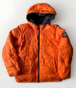 Abercrombie Kids Zip Puffer Jacket Parka Faux Fur Lined Hood Orange Gray 15/16 - Picture 1 of 11