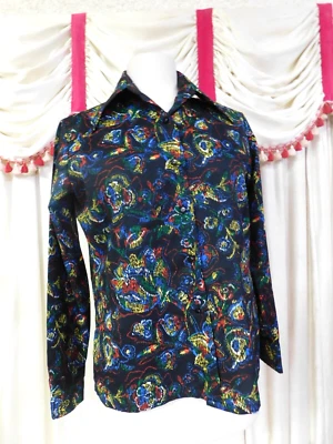 Blusa Top Vintage Años 70 Negra con Flores de Colores Primarios 42" Busto Foto 1 de 4