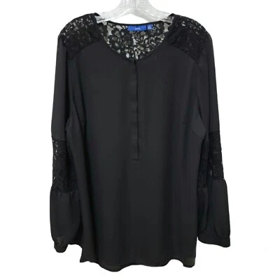 APT. Blusa para mujer 9 negra con ribete de encaje medio botón delantero plus 1X manga larga Foto 1 de 4