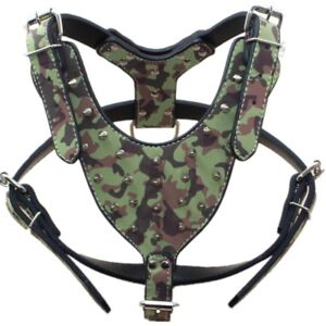 Camouflage Leather Spiked Studded Dog Harness for Large Dogs Pit bull Terrier