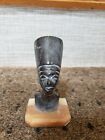 1984Egyptian Black Stone Bust on Yellow Marble Stand of Queen Nefetiti. 4" Tall.