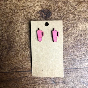 Handmade Laser Engraved Cut Wood Earrings Pink Water Thermos Cup - Picture 1 of 5