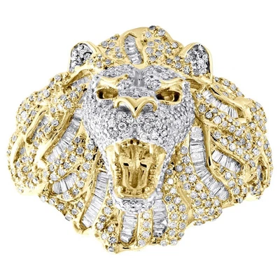 Anillo banda cara de león enchapado en oro amarillo de 14 k con diamantes baguette creado en laboratorio de 2 quilates para hombre Foto 1 de 4