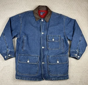 Vintage Nautica Denim Jacket Mens M Blue Chore Barn Coat Fleece Lined Leather - Picture 1 of 6