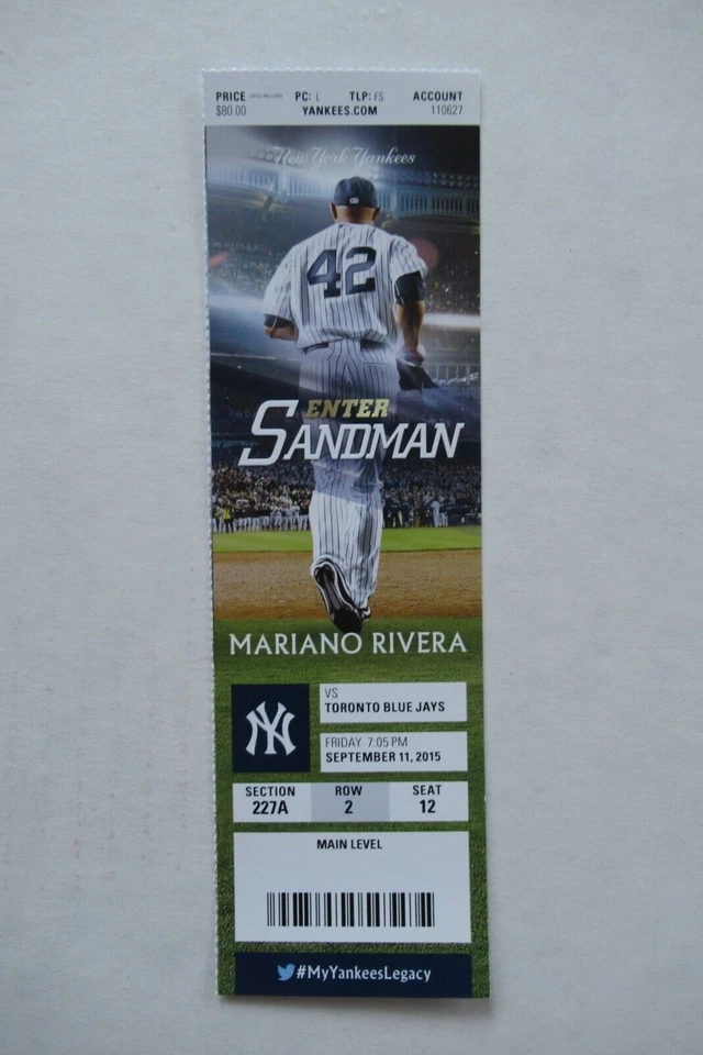 YANKEES VS BLUE JAYS 9/11/2015 FULL TICKET ~ "ENTER SANDMAN" MARIANO RIVERA - Image 1 of 1