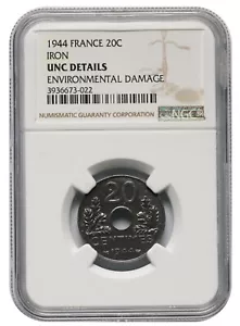 France, 20 Centimes, 1944, NGC UNC DETAILS ENVIRONMENTAL DAMAGE - Picture 1 of 4