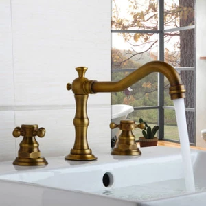 3PCS Bathroom Sink Faucet Antique Brass Deck Mounted Mixer 2 Handles 3 Holes Tap - Bild 1 von 9