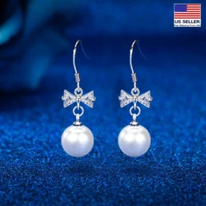 Women 925 Silver Cubic Zirconia CZ Earrings Elegant Tassel Pearls Bow Style 1275 - Picture 1 of 4