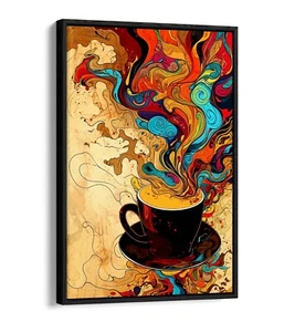 COFFEE CUP WARM COLOURFUL AROMA -FLOAT EFFECT FRAMED CANVAS WALL ART PRINT - Picture 1 of 8