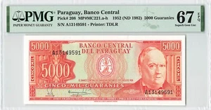 PARAGUAY 5000 Pesos 1952 (1982), P-208, PMG 67 EPQ Superb Gem UNC, Scarce Type - Picture 1 of 2