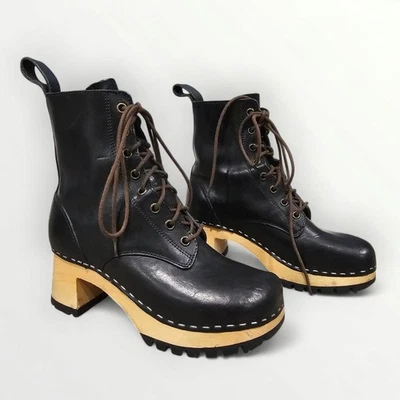 Botas de tornozelo suecas Hasbeens couro preto com cadarço bloco de madeira 36/6 - Imagem 1 de 4