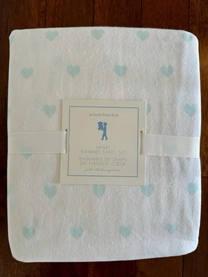 Pottery Barn Kids White w/ Aqua Heart Flannel Sheet Set Full 4 Pieces - Image 1 of 4