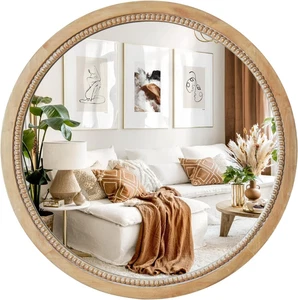 round Decorative Circle Farmhouse Style Mirror - 24Inch Rustic Natural Wooden Fr - Picture 1 of 7