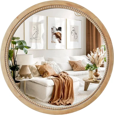 round Decorative Circle Farmhouse Style Mirror - 24Inch Rustic Natural Wooden Fr - Image 1 of 4
