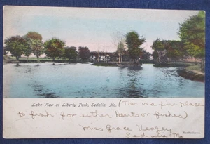 1907 Sedalia Missouri Liberty Park Lake Hand Color Postcard RPO Cancel - Picture 1 of 2