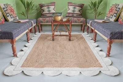 Hand Braided Scalloped Jute Rug Beige & White Border  For Home Décor Living Room - Image 1 of 4
