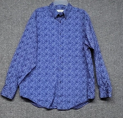 Camisa social Turnbury botão para baixo azul paisley manga longa masculina tamanho grande - Imagem 1 de 4