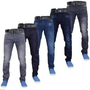 Mens Crosshatch Slim Fit Jeans Stretch Denim Pants with Free Belt Big Tall Sizes - Picture 1 of 29