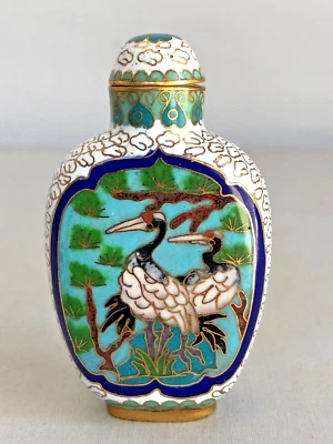 Botella de tabaco vintage china cloisonné en metal dorado Crain's Birds Foto 1 de 4