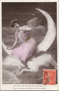 Early 1900s French RPPC Hand-Colored Real Photo Postcard Lovely Lady Paper Moon - Picture 1 of 2