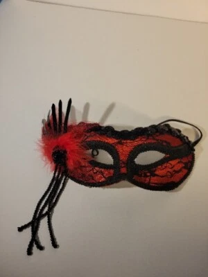 Adult Black Red Lace Sequin Feather Masquerade Flamenco Halloween Costume Mask - Image 1 of 4