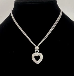 Choker Rhodium Plated Sterling 925 Multi Strand Pavé Crystals Heart Pendant 15.5 - Picture 1 of 14