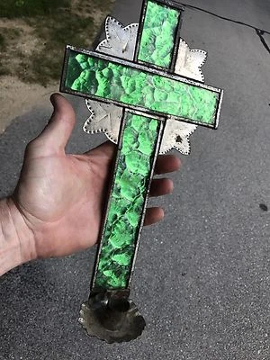 Antiga Arandela de parede de vela de estanho primitiva vidro uma folha cruz igreja - Imagem 1 de 4