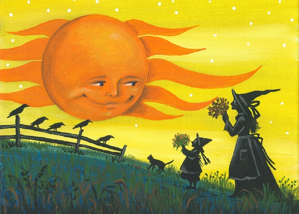 ACEO impresión de pintura LITHA RYTA ARTE SOLSTICIO DE VERANO BRUJA PAGANA GATO NEGRO CUERVO Foto 1 de 1
