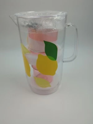 Jarra de limón KATE SPADE 58 oz con 2 vasos apilables de 12 oz rosa acrílico ¡NUEVA! Foto 1 de 4
