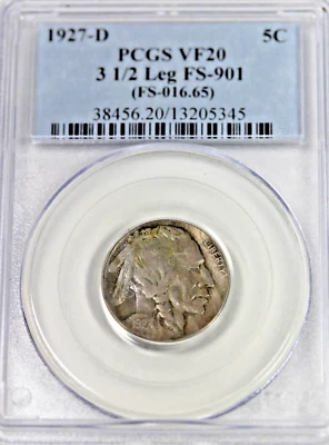 1927-D Buffalo Nickel 3 1/2 Leg FS-901 : PCGS VF20 - Image 1 of 4