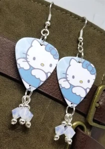 Blue Hello Kitty Guitar Pick Earrings with Opal Swarovski Crystal Dangles - Picture 1 of 3