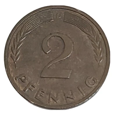 1964 Western German 2 PFENNIG Non-Magnetic, Munich Mint, Circulated, Uncertified - Image 1 of 2
