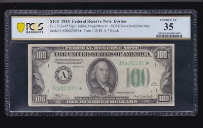 US 1934 $100 FRN Boston DGS STAR NOTE* FR 2152a-A* PCGS 35 Ch VF (091*) - Image 1 of 2