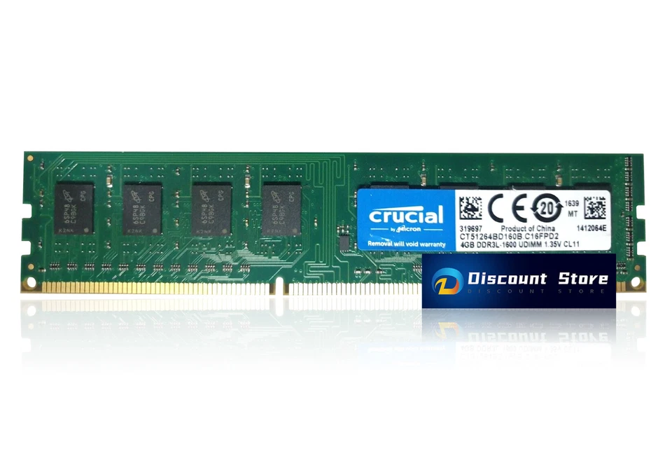 Crucial DDR3L 4GB CT51264BD160B 2RX8 RAM PC3L-12800U 1600Mhz 1.35 Desktop Memory - Image 1 of 1