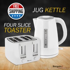 White 4 Slice Wide Slot Toaster & 1.7 Cordless Electric Kettle Kitchen Set