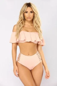 Size M Fashion Nova Side Tie Bikini Bottoms Top Off Shoulder Love Struck Blush - Picture 1 of 3