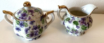 Vintage LEFTON CHINA Creamer & Sugar Bowl Hand Painted VIOLETS Gold Trim 794V - Image 1 of 4