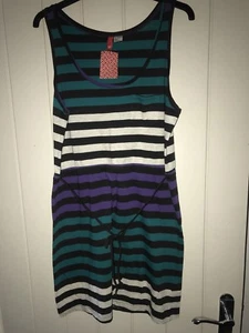 New Womens H&M Sleeveless Stripped Green, Cream & Purple Casual Dress - 16 - Picture 1 of 2