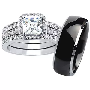 Su conjunto de alianza de compromiso de anillo de boda de titanio negro de plata de ley .925 - Imagen 1 de 5