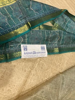 "Tela de sari 100 % seda Rasi beige/turquesa/dorada nueva con etiqueta, 6 yardas/43""" Foto 1 de 4