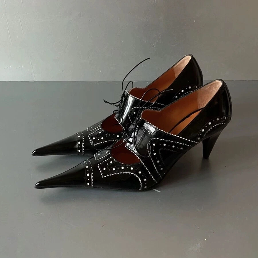 Retro Estilo Americano Pasarela Mujer Punta Cuero Real Con Cordones Tacón Alto Talla Foto 1 de 4