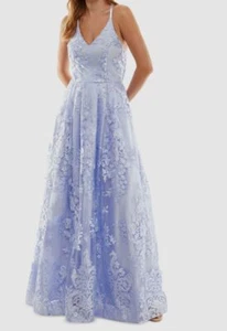 BCX Womens Juniors' Blue Floral Embroidered Gown Dress Size 0 - Picture 1 of 3