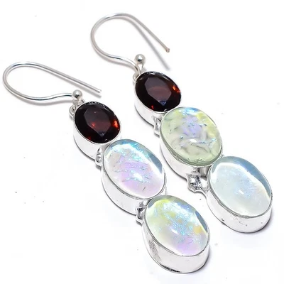 Triplet Fire Opal, Garnet Gemstone 925 Sterling Silver Jewelry Earring 2.4" - Image 1 of 4