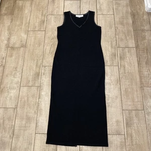 VTG Lillie Rubin Dress L Black Maxi Classic Goth Minimal V-neck Slit Made In USA - Picture 1 of 11
