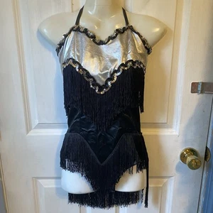 VTG ArtStone Satin Black Silver Sequins Dance/Halloween Costume Fringe Junior S - Picture 1 of 9