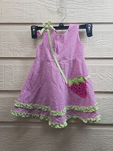Blueberi Boulevard Sun Dress Seersuckeer Gingham Appliqué Strawberry Size 24M - Picture 1 of 11
