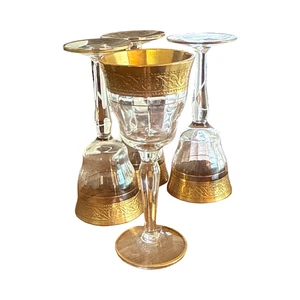 Juego de 4 vasos cordiales Tiffin “Rambling Rose” cristal grabado incrustado dorado 4” - Imagen 1 de 3