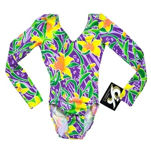 New Old Stock XS 80s/90s Neon Long Sleeve Leotard Dance Vintage New Floral - Picture 1 of 6