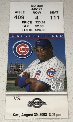 8/30/03 Brewers Chicago Cubs Wrigley Field Game Used Box Ticket Stub Sexson HR Cover
